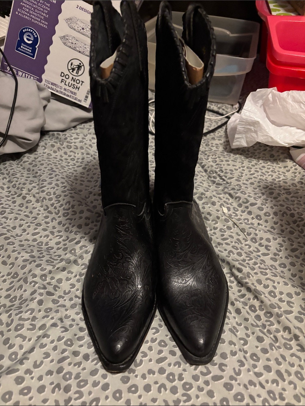 Black Embossed Leather Western Boots - Women’s